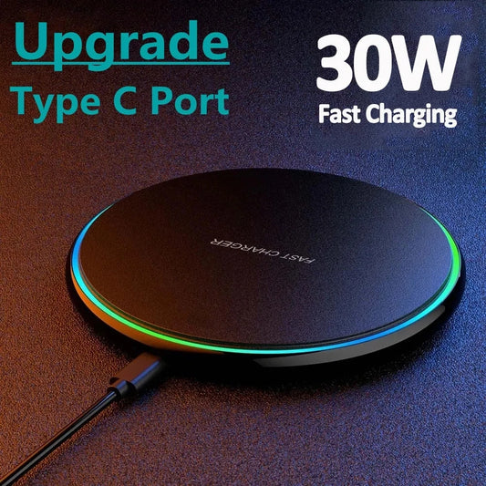 30W fast wireless charging pad with upgrade Type-C port and glowing LED ring design.