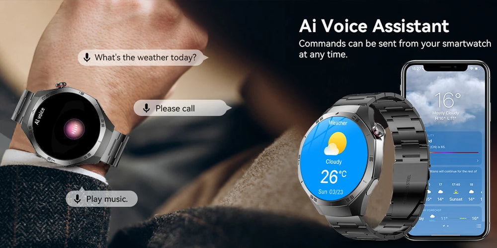 Smartwatch with AI voice assistant features displayed on a screen.