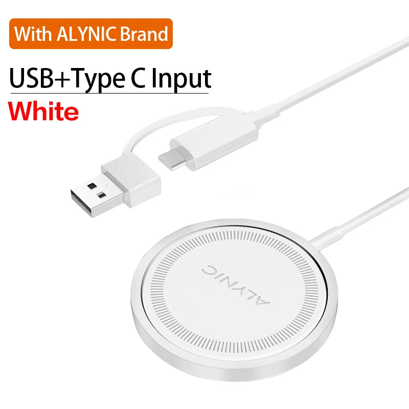 White ALYNIC brand magnetic wireless charging pad with slim round design and dual USB plus Type-C input.