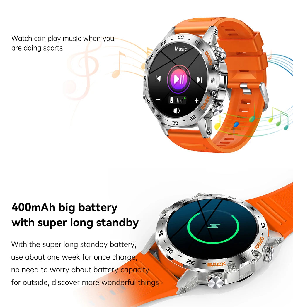 Smartwatch with orange band on a white background, showing music player interface and battery information.