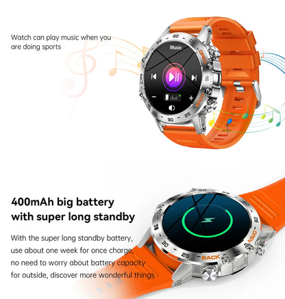 Smartwatch with orange band on a white background, showing music player interface and battery information.