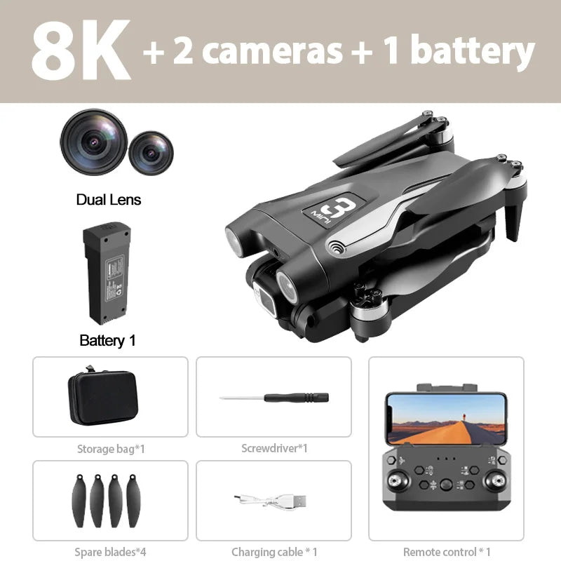 8K drone with dual lens, battery, storage bag, screwdriver, spare blades, charging cable, and remote control on a beige background.
