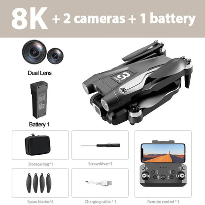 8K drone with dual lens, battery, storage bag, screwdriver, spare blades, charging cable, and remote control on a beige background.