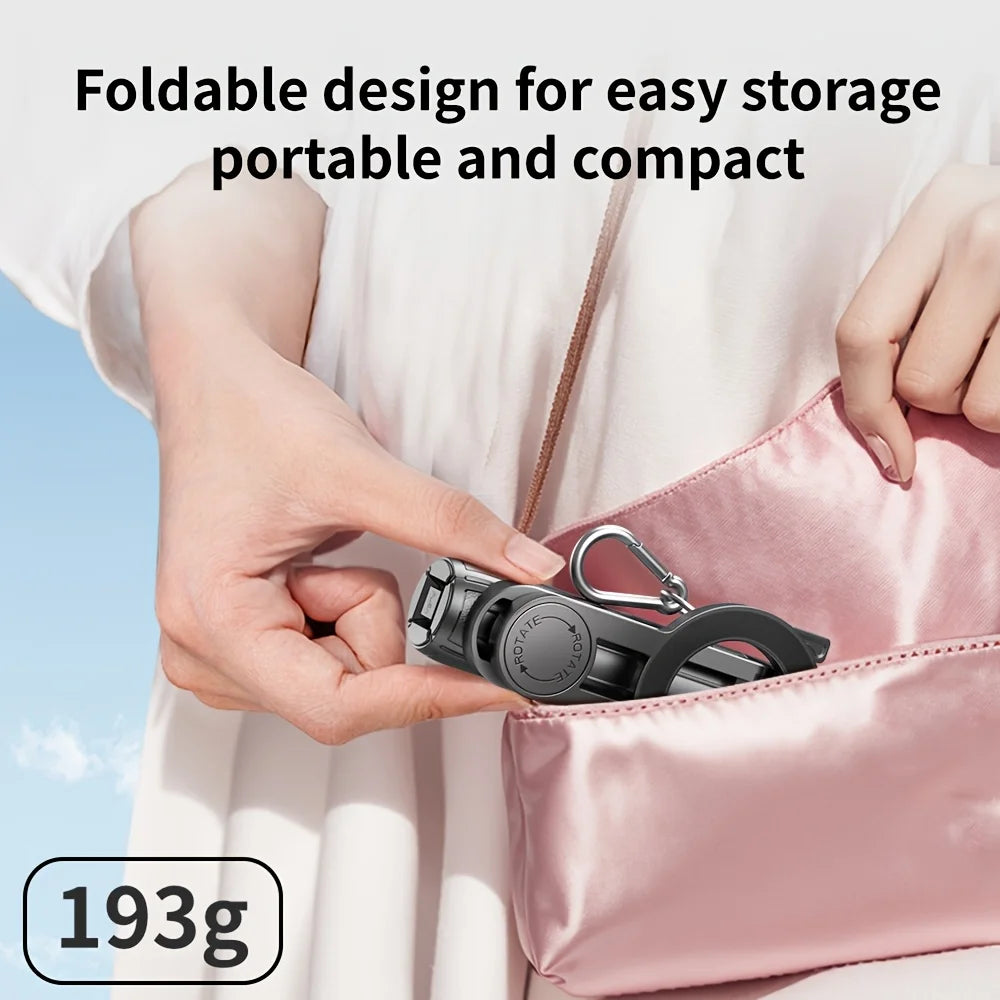 Person placing a small black device into a pink bag with text about foldable design and weight.