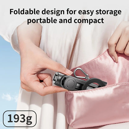 Person placing a small black device into a pink bag with text about foldable design and weight.