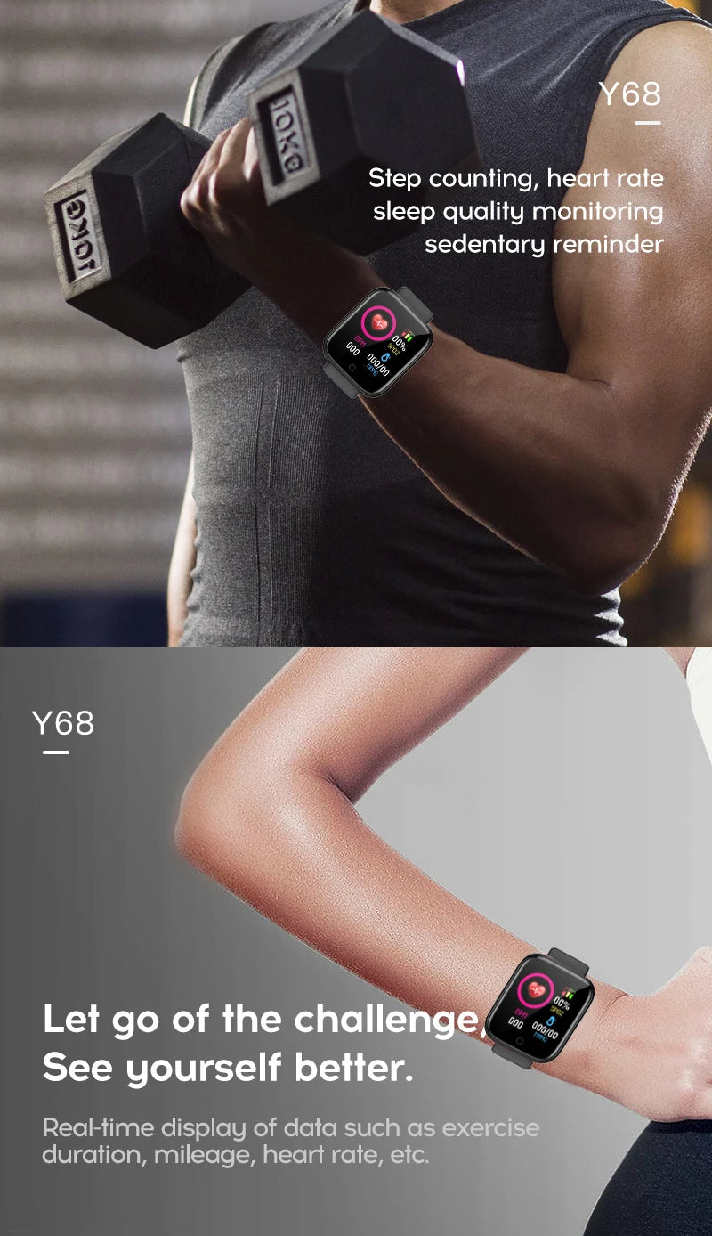 Person holding dumbbells with a smartwatch displaying fitness data, featuring text about watch functions.