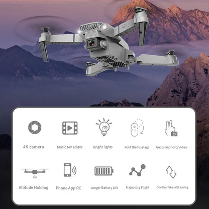 Drone flying against a mountainous landscape with feature icons below.
