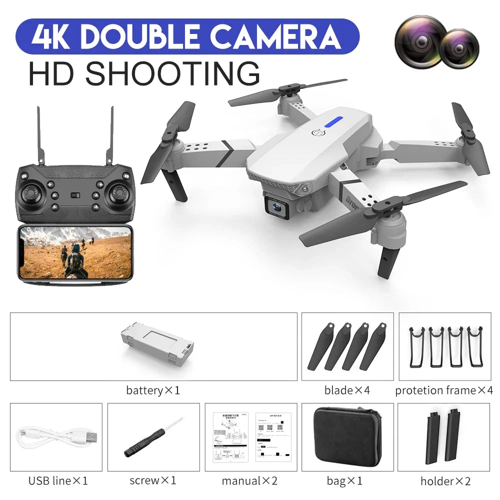 Drone with remote control, camera, and accessories on a white background