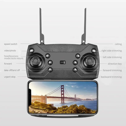 E88 Pro black drone remote control with smartphone display showing the Golden Gate Bridge
