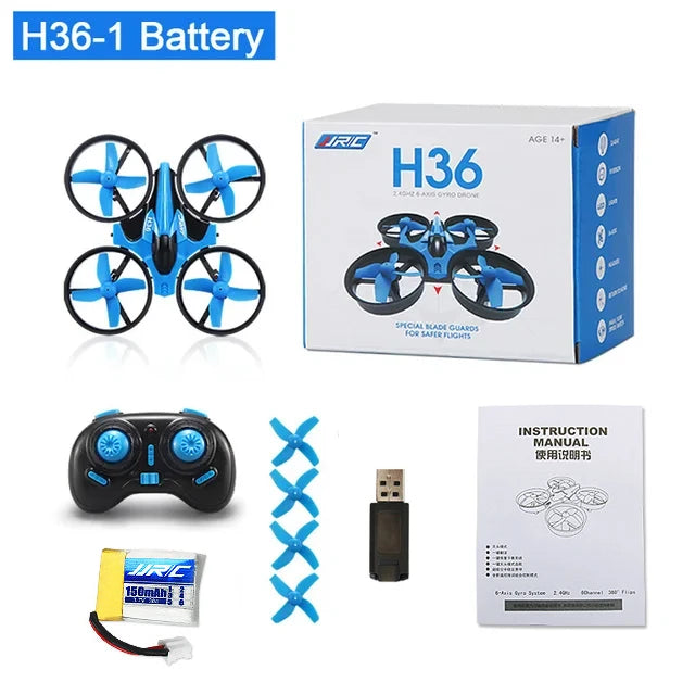 JRC H36 drone set with battery, remote control, and USB cable on a white background
