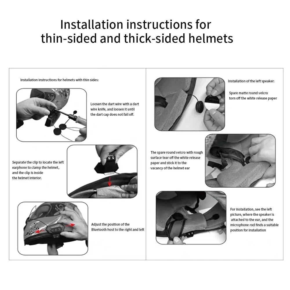 Installation instructions for thin-sided and thick-sided helmets with step-by-step diagrams.