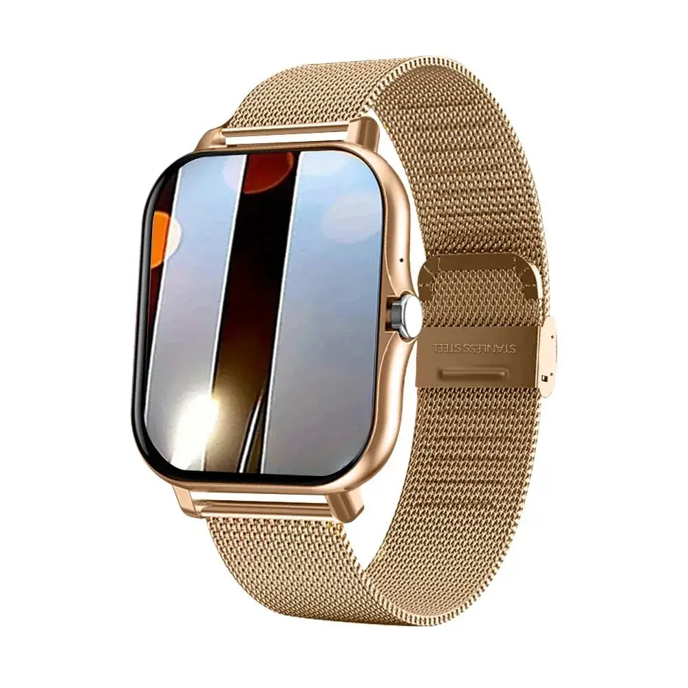 Gold smartwatch with a mesh band displayed on a white background
