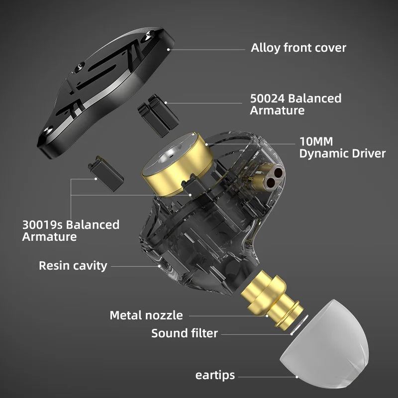 Disassembled audio component with labeled parts on a gray background