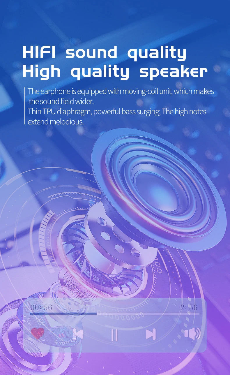 Advertisement for HIFI sound quality and high quality speaker with a stylized speaker design on a blue background.
