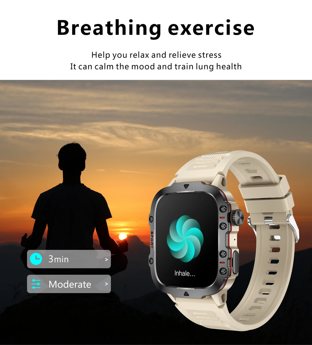 Smartwatch with breathing exercise app on screen, person meditating in the background