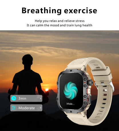 Smartwatch with breathing exercise app on screen, person meditating in the background
