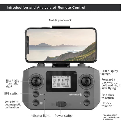 Gray remote control with smartphone mount and labeled components on a white background