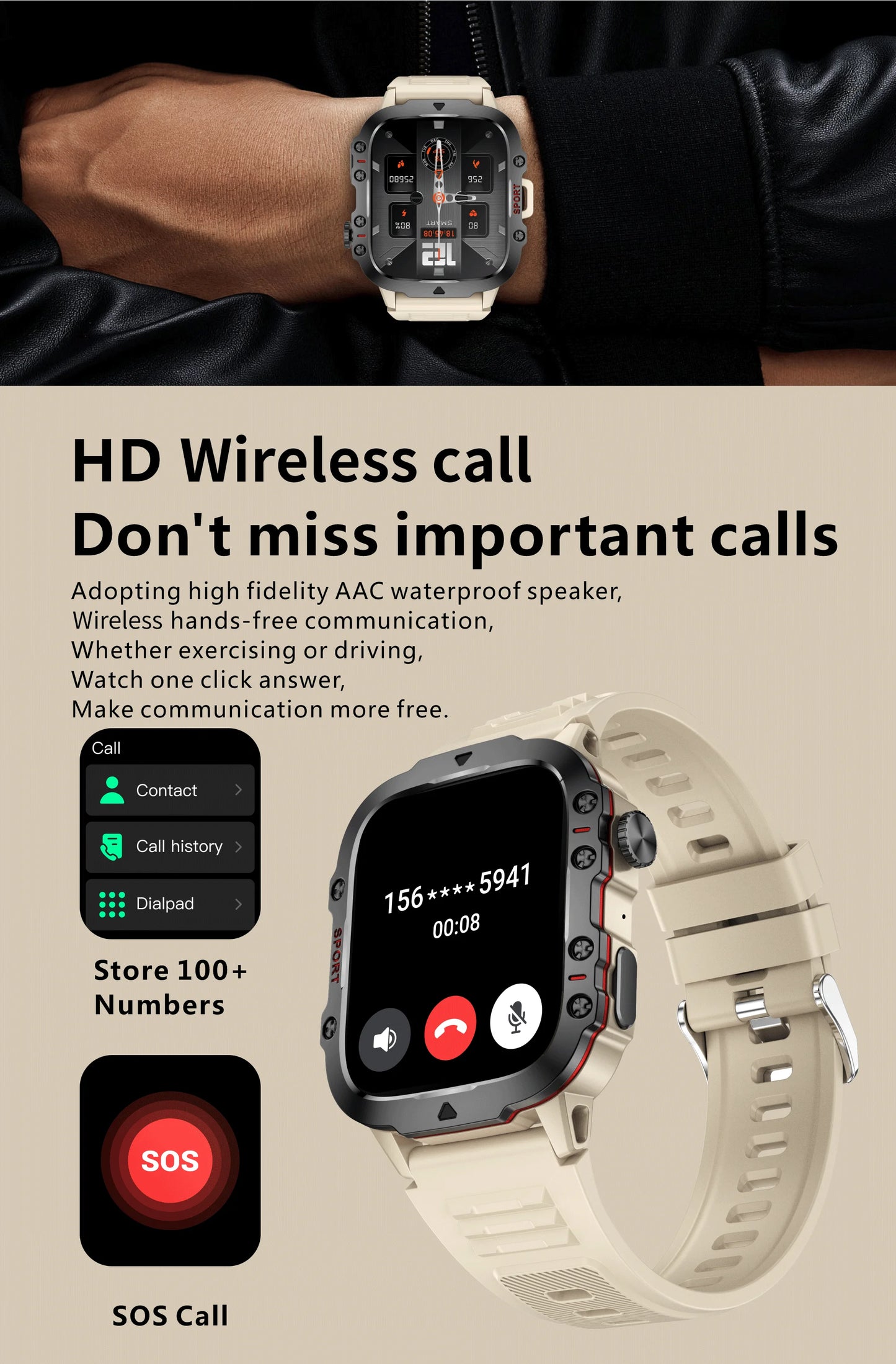Smartwatch with text highlighting features like HD wireless calls and SOS functionality on a beige background.