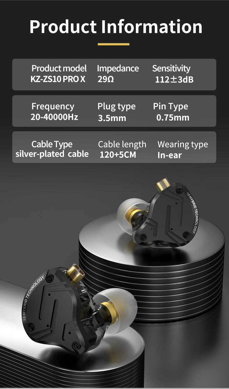 Product information of earphones with technical specifications on a dark background