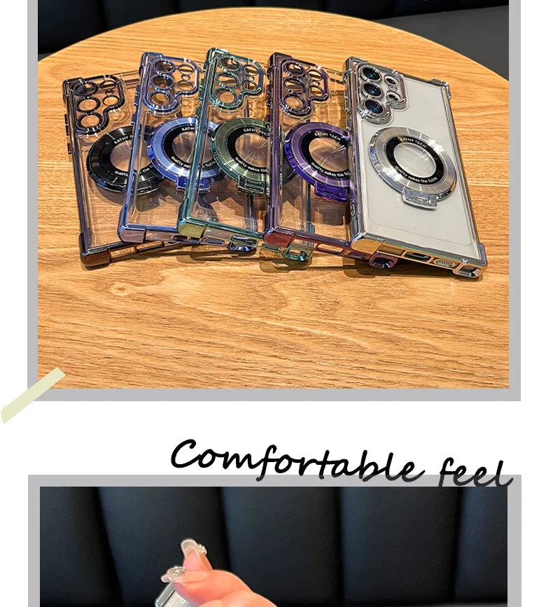 Clear phone cases with metallic accents on a wooden surface, accompanied by text 'Comfortable feel'.