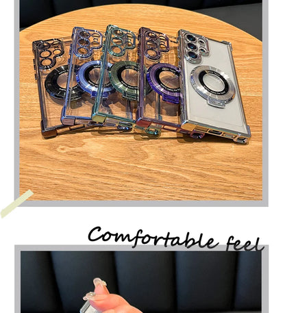 Clear phone cases with metallic accents on a wooden surface, accompanied by text 'Comfortable feel'.