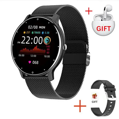 LIGE 2024 Smartwatch with black mesh band, extra strap, and GIFT-labeled earbuds on white background