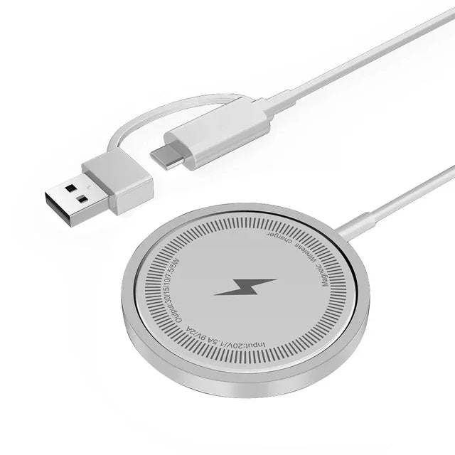 Silver magnetic wireless charging pad with slim round design and dual USB plus Type-C input connectors.