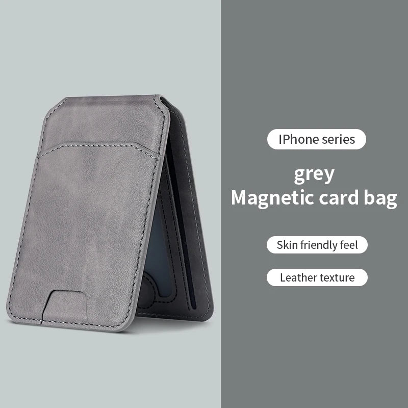 Gray magnetic card bag with text on a light gray background