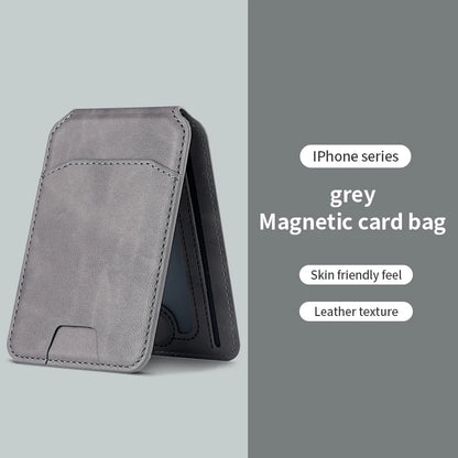 Gray magnetic card bag with text on a light gray background