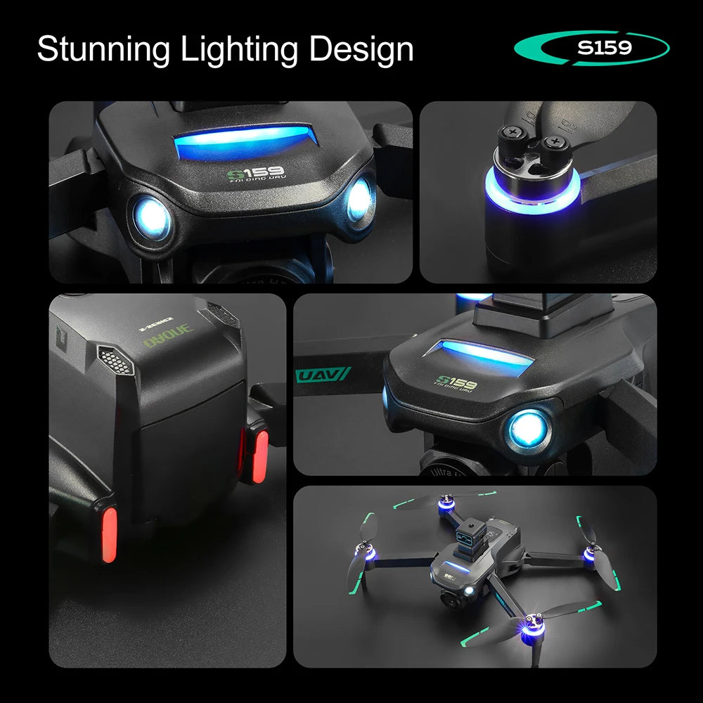 Stunning lighting design of a drone with close-up shots on a dark background