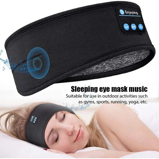 Black sleeping eye mask with Bluetooth controls worn by a person, suitable for outdoor activities.