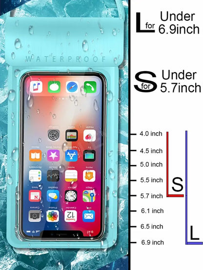 Waterproof phone case with size guide for 5.7-inch and 6.9-inch phones
