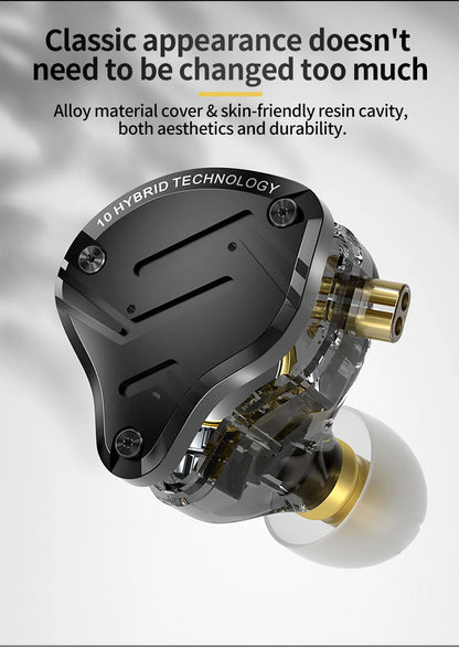 Hybrid technology earbud with alloy cover and resin cavity on a white background