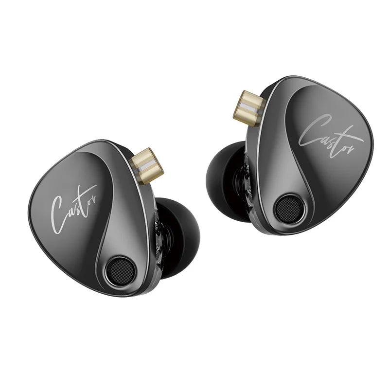 Pair of black earbuds with 'Caster' branding on a white background