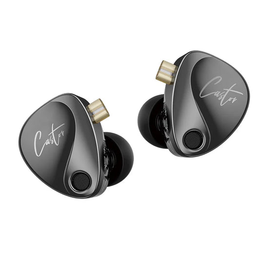 Pair of black earbuds with 'Caster' branding on a white background