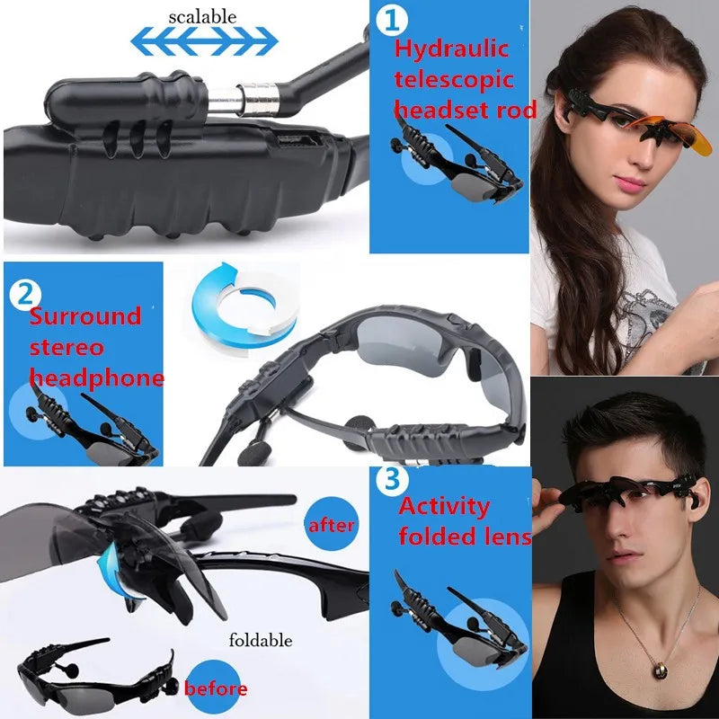 Collage of a hydraulic telescopic headset rod with features highlighted and a person wearing it.