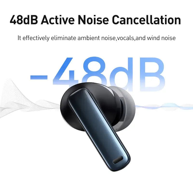 Black wireless earbud with "48dB Active Noise Cancellation" text on a white background
