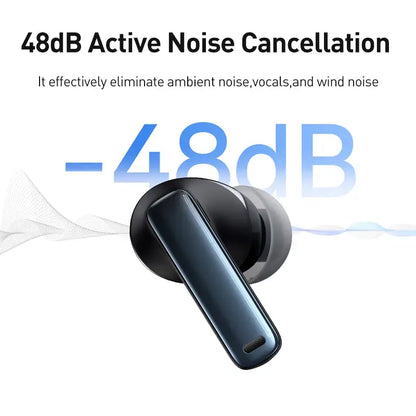 Black wireless earbud with "48dB Active Noise Cancellation" text on a white background
