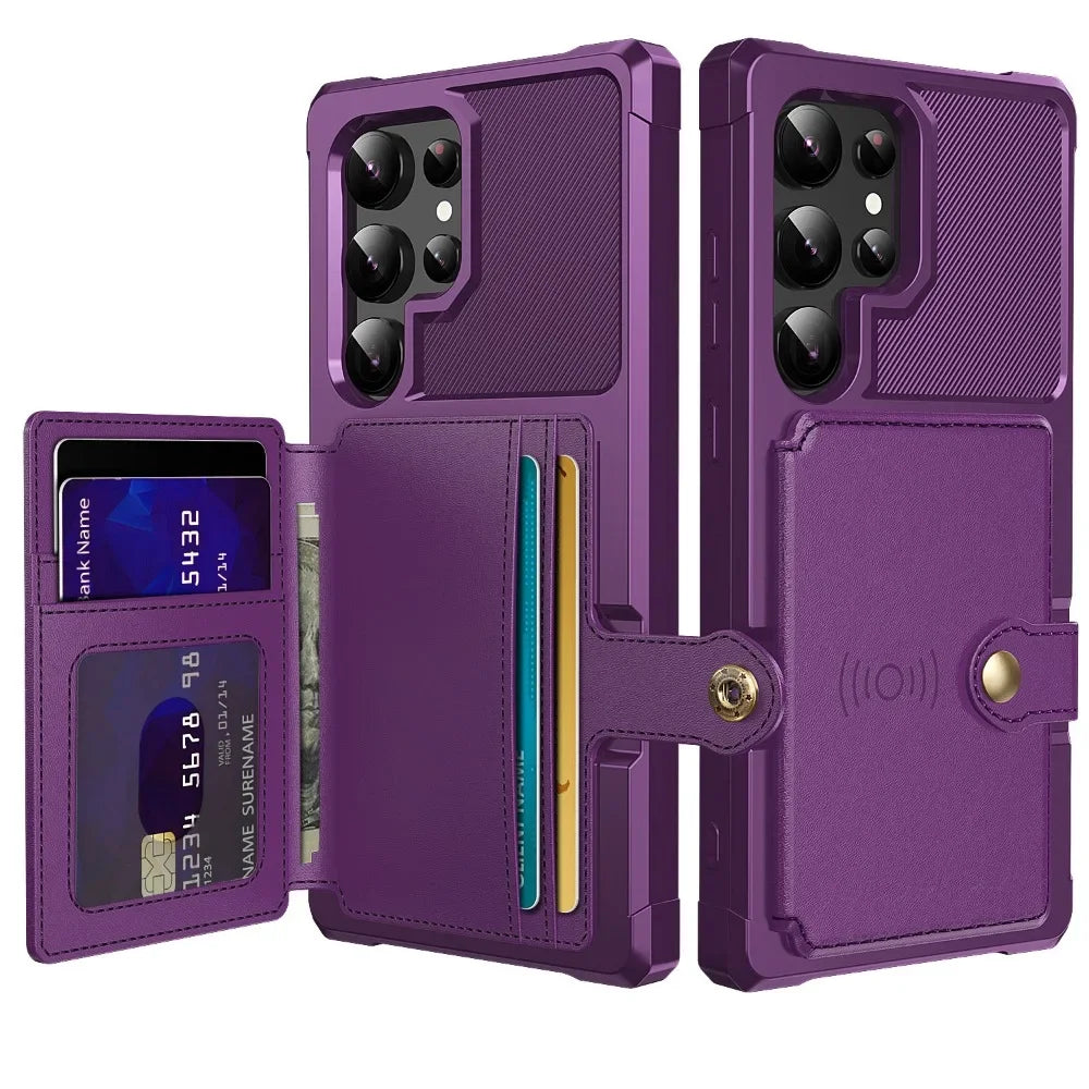 Purple phone case with card slots and wallet functions on a white background