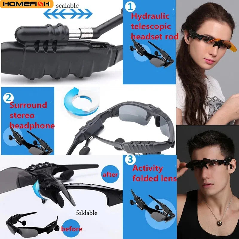 Collage of a hydraulic telescopic headset rod, surround stereo headphones, and activity folded lens with people wearing them.