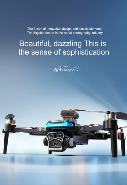 Drone with camera on a gradient blue background, featuring text about innovation and sophistication.