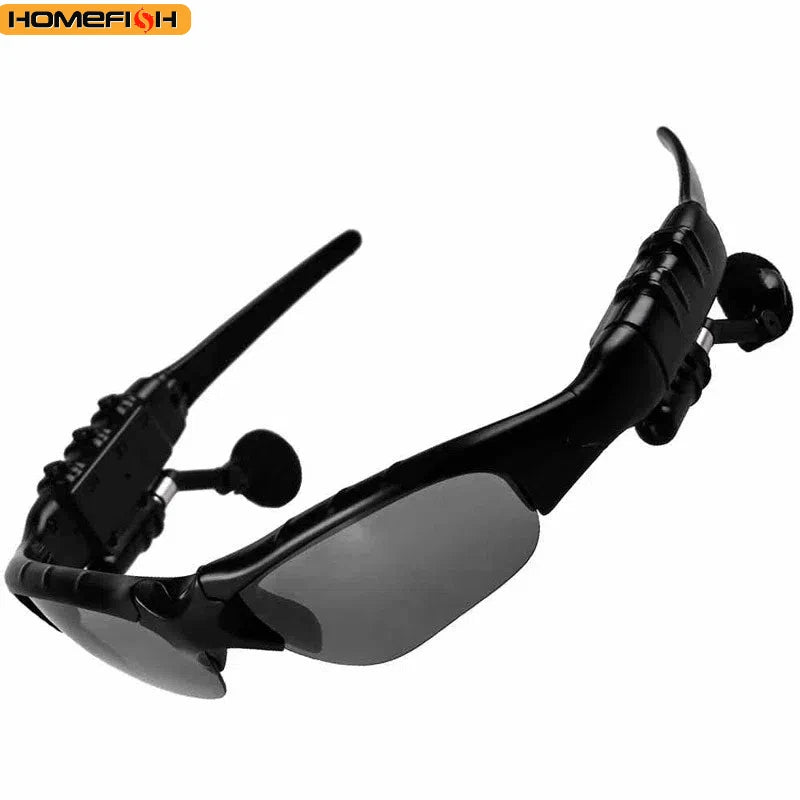 Black sunglasses with Bluetooth headset on a white background, branded 'HOMEFISH'.