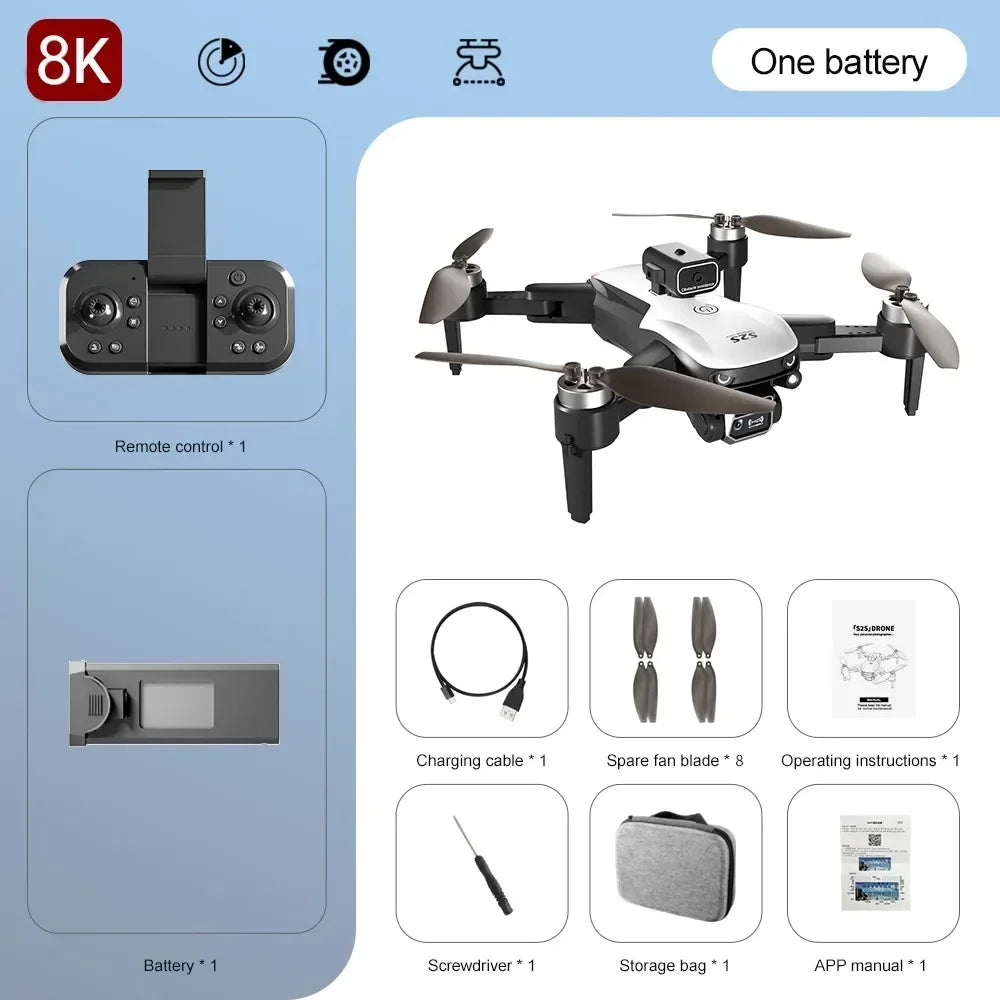 Product packaging with a drone, remote control, and accessories on a light blue background.