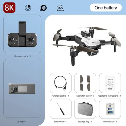 Product packaging with a drone, remote control, and accessories on a light blue background.