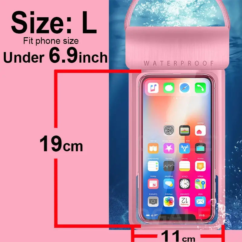 Pink waterproof phone case with smartphone display, size L, fits phones under 6.9 inches, with dimensions shown
