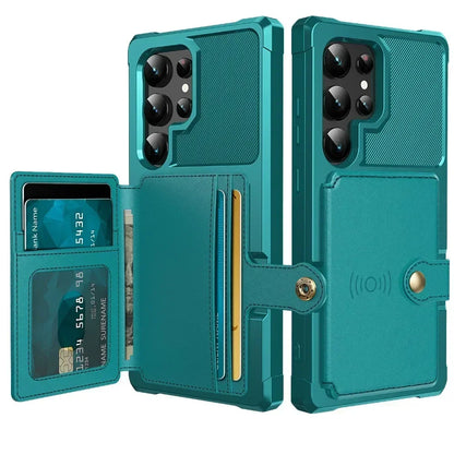 Teal phone case with card slots and wallet functions on a white background