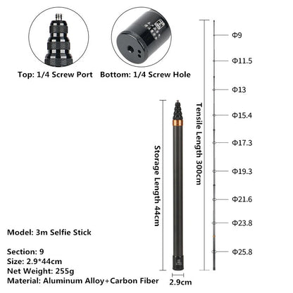 Measurement chart of a 3m selfie stick with details on port, screw hole, dimensions, and material.