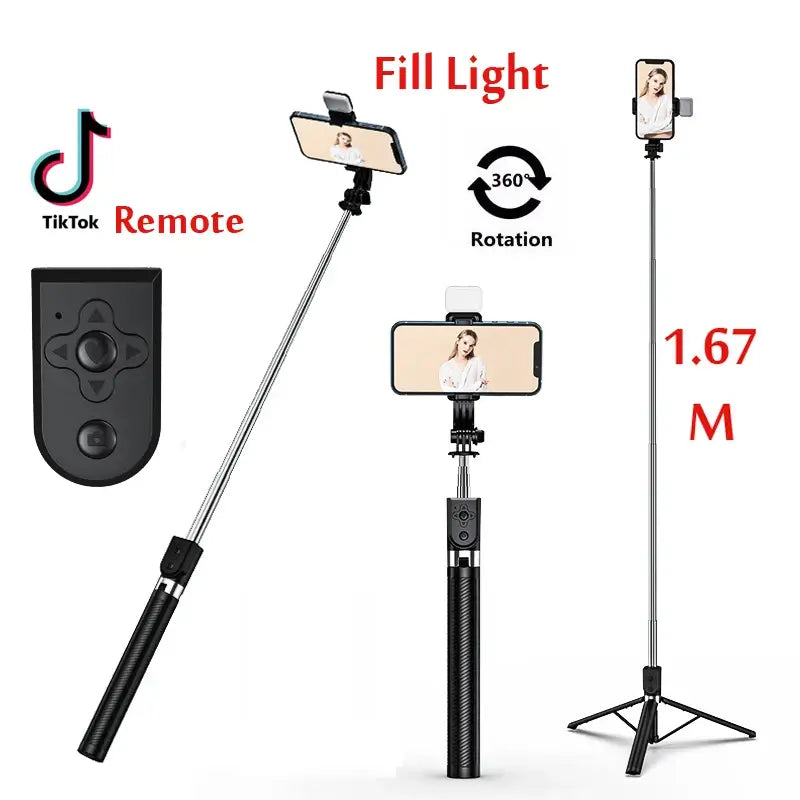 Bluetooth selfie stick with detachable remote control for hands-free photo and video capture
