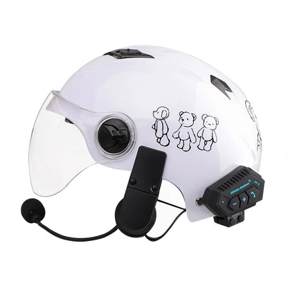 White helmet with Bluetooth communication device and cartoon bear designs on a white background