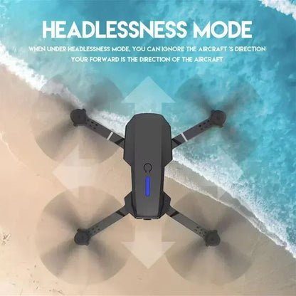 Drone with text about headlessness mode over a beach background